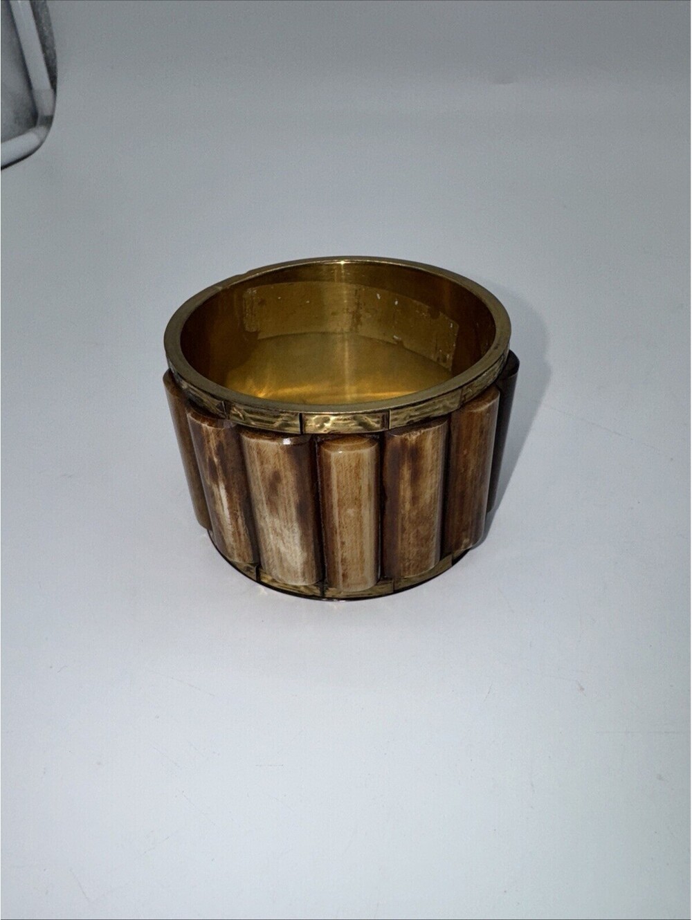 Vintage chunky brass and Faux wood panel Wide bangle brown bracelet